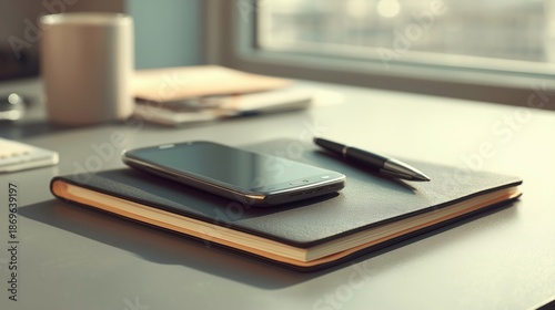 smartphone a pen on a black paper notebook, placed on a contemporary modern desk