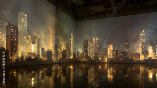Immersive projection art displays a glowing cityscape at night with reflections on the floor