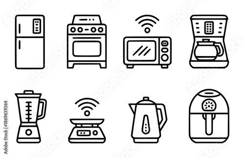 Collection of black outline kitchen appliance including refrigerator stove microwave coffee maker blender scale kettle and air fryer