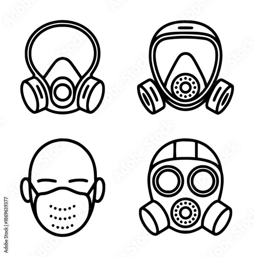 Collection of black outline depicting different types of protective masks and respirators protection