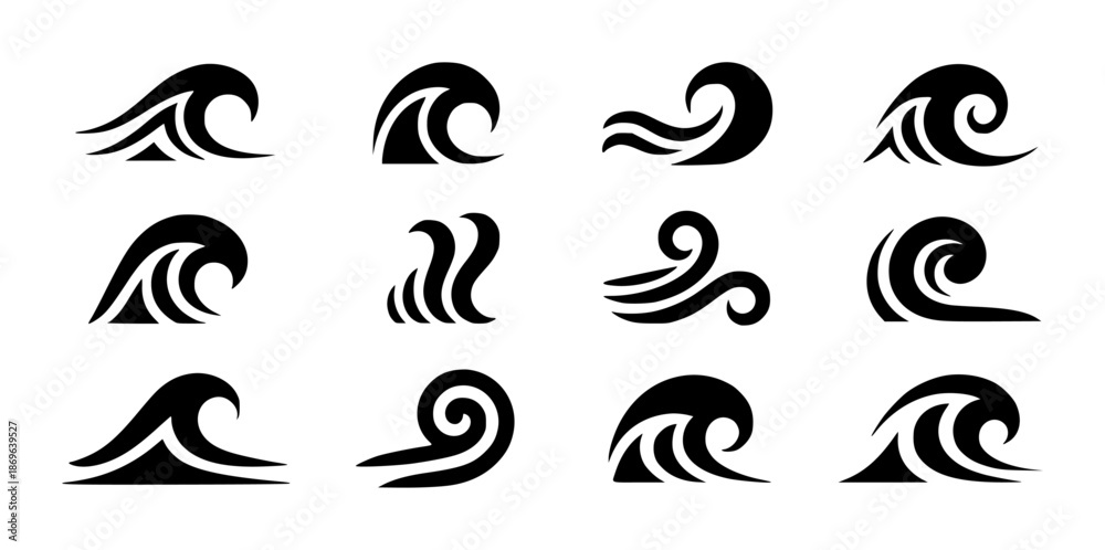 Obraz premium Collection of stylized black wave a white background water ocean