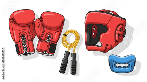 Boxing Gear Essentials Red Gloves Headguard Mouthguard and Jump Rope for Training and Competition