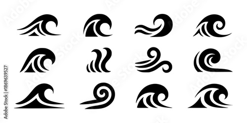 Collection of stylized black wave a white background water ocean