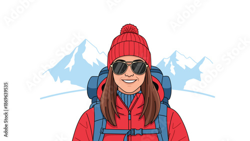 Smiling female hiker dressed in warm winter gear, including a red hat, jacket, backpack, and sunglasses, standing proudly against a backdrop of snow-capped mountains.
