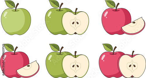 Collection of red and green apple vector illustrations featuring whole fruits half slices and wedges with seeds isolated on white background set.