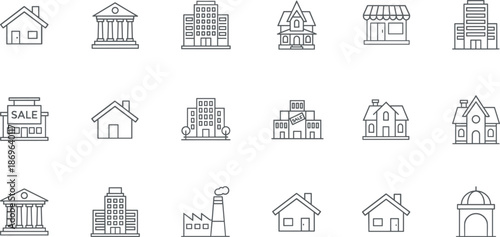 Real estate and architectural icon set featuring residential houses office buildings banks shops and industrial factory symbols for urban,