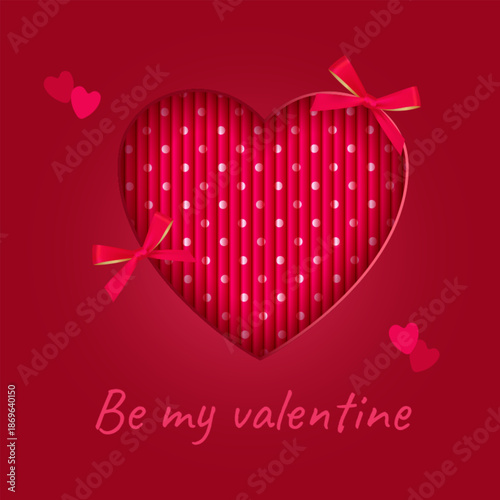 Happy Valentine s Day A paper heart cut out of paper on a red gradient background, done in a paper appliqu style. Bows and a polka-dot background. Vector illustration.