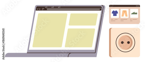 Online shopping, e-commerce, digital retail, product display, browsing experience, website design. Laptop with grid layout, clothing and shoe products. Online shopping and e-commerce concept