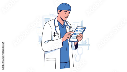 Professional male doctor in scrubs and a lab coat, attentively reviewing medical information on a digital tablet, symbolizing modern healthcare technology and patient record management.