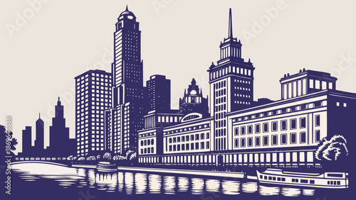 Chicago skyline waterfront cityscape with boats on the river suitable for travel brochures, websites, advertisements, city guides, and promotional materials.