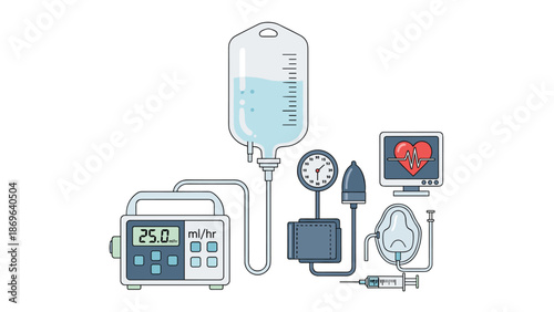 Comprehensive collection of medical equipment for critical patient care, including an IV bag, infusion pump, blood pressure monitor, oxygen mask, syringe, and heart rate monitor.