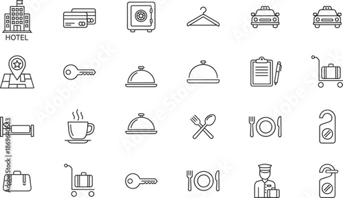 Hotel and hospitality icon set featuring building keys room service luggage carts taxi beds and travel accommodation symbols,
