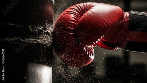 Hand in red boxing glove hitting punching bag. Concept of power, training, and athletic pursuit. Ideal for fitness and sports promotion.