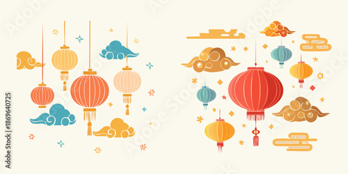Vibrant Lanterns and Clouds: A collection of decorative lanterns in various colors and designs are suspended, complemented by stylized cloud motifs.