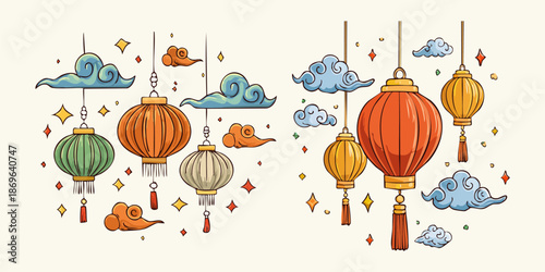 Lunar Celebration: A vibrant cluster of traditional paper lanterns, suspended amongst whimsical clouds and shimmering stars, evokes a sense of festivity.