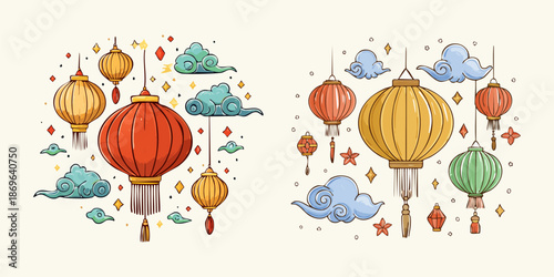 Festive Lanterns and Clouds: An artistic illustration capturing the spirit of celebration and cultural traditions, with an array of colorful hanging lanterns and whimsical clouds.