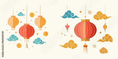 Lanterns and Clouds: An inviting display of colorful lanterns and stylized clouds that create a festive atmosphere for celebratory gatherings.