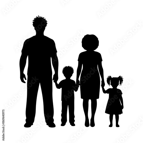 Silhouette of a nuclear family including two parents and two small children standing together holding hands.