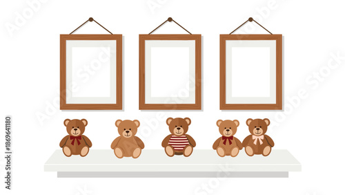 Charming arrangement of various teddy bears sitting on a white shelf, positioned beneath three empty wooden picture frames awaiting personalization.