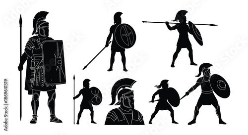 Ancient greek spartan warriors in silhouette demonstrating various combat stances