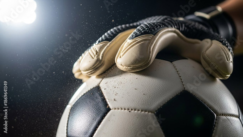 Goalkeeper hand in glove on soccer ball under bright stadium light. Football sport equipment close-up for championship match event.