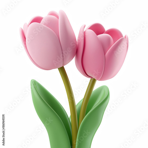 3D cute pink tulip flowers pair with green leaves, spring floral icon isolated on transparent background.