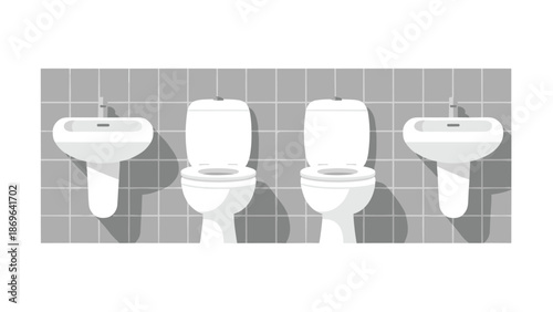 Clean and functional public bathroom interior featuring multiple white toilets and sinks arranged against a tiled grey wall, ready for use.