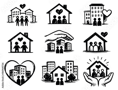 Hand drawn line art community and home icon set featuring diverse groups of people, houses, and hearts for social housing and care concepts