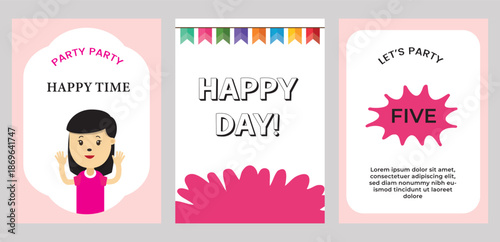 Vibrant vector birthday party invitation card templates set featuring a happy cartoon girl, colorful bunting flags, and celebratory typography design.