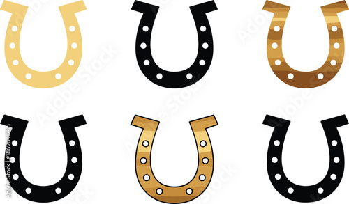 Set of six lucky horseshoe icons in gold and black styles for equestrian sports good luck symbols and western,