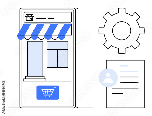 E-commerce, online shopping, user management, digital stores, product customization, website setup. Mobile storefront with shopping cart, user profile document and gear icon. E-commerce and online
