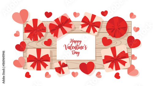Abundant Valentine's Day composition with a central message surrounded by various gift boxes wrapped with red ribbons and scattered paper hearts on a light wooden surface.