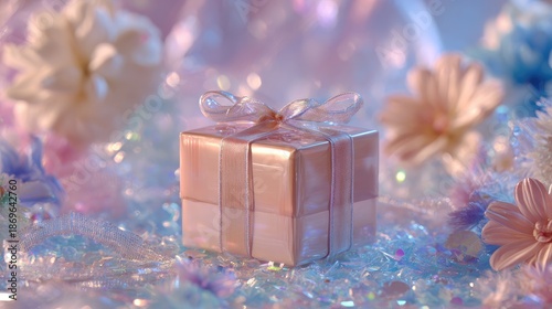 Elegant gift box with ribbon surrounded by pastel flowers and sparkles
