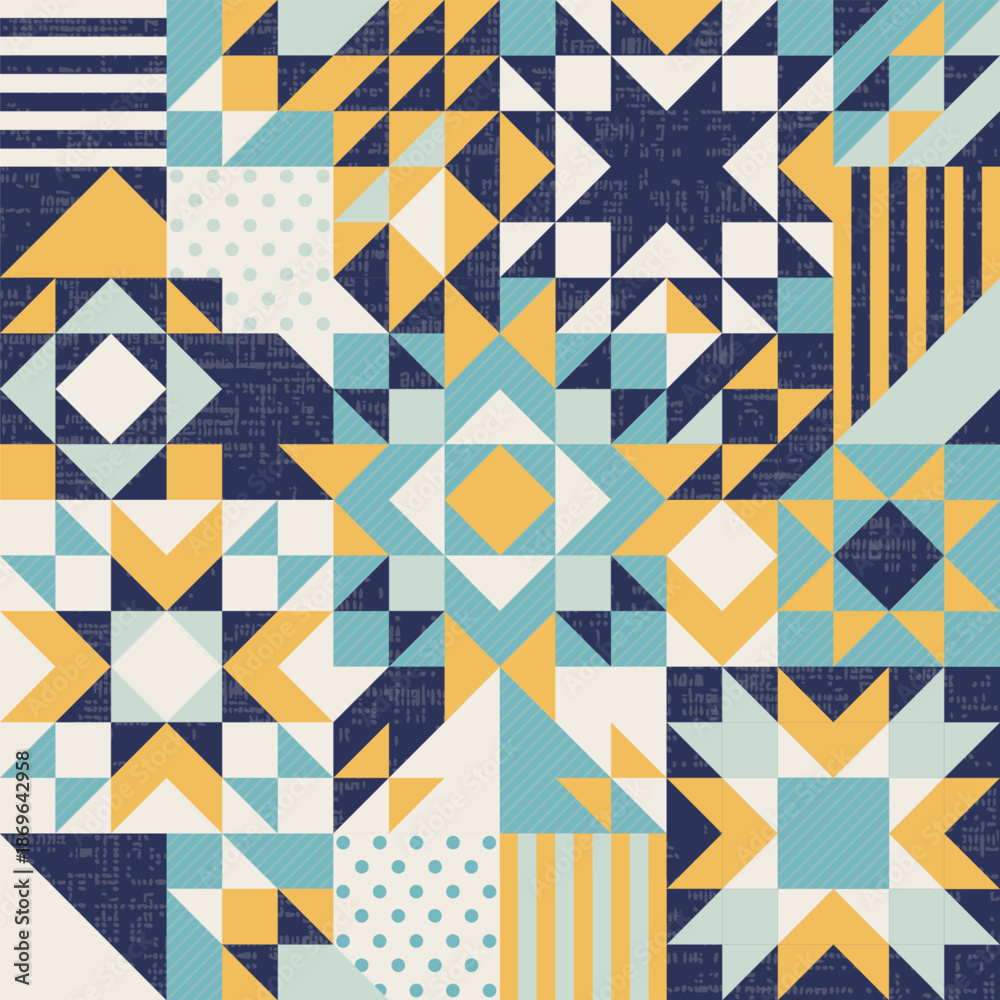 Fototapeta premium Winter Christmas stars patchwork, irregular geometric background, seamless vector repeating pattern, quilt folk art design layout, repeating geometric shapes including triangles, squares and diamonds