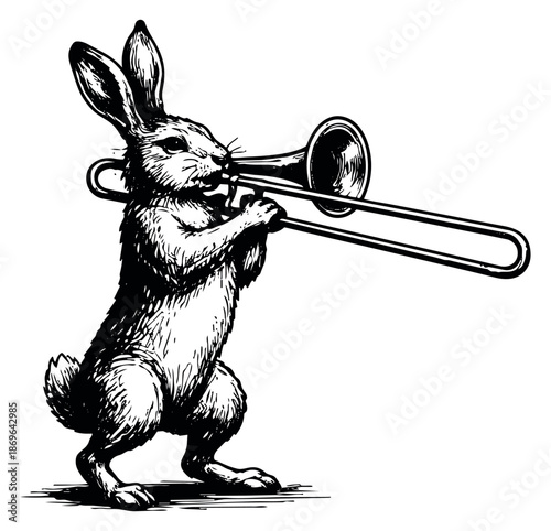 Hand drawn line art illustration of a rabbit depicting playing a trombone for entertainment