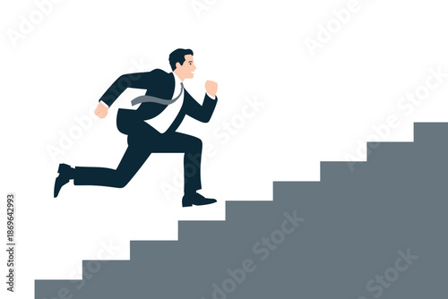 Businessman runs quickly up a steep staircase toward professional.
