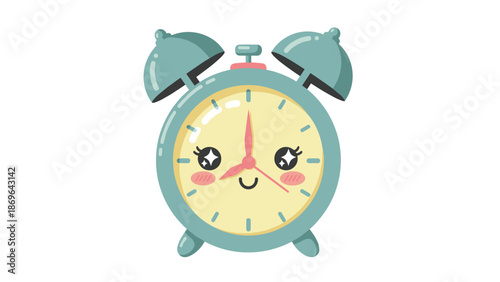 Charming pastel blue alarm clock with an endearing happy face and rosy cheeks, representing a cheerful start to the morning or a gentle wake-up.