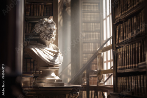 Historic Law Library Balcony With Marble Bust Of Justice, Dust Motes In Sunbeam, 70mm Compressed Perspective, Research Space, Classical Interior