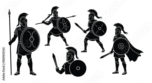 Ancient greek spartan warriors in silhouette demonstrating various combat stances