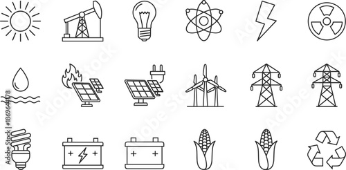 Energy and power generation icon set featuring solar panels wind turbines oil pump electricity pylons batteries and renewable resources,