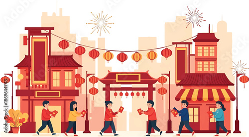 Illustration of people celebrating chinese new year with traditional buildings and decorations in a vibrant, festive scene.