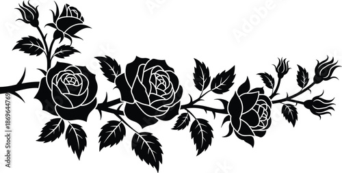 Black silhouette of a rose branch with buds and leaves on a white background roses flower floral