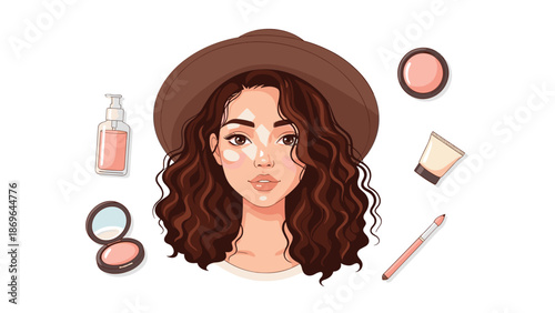 Beautiful woman with long wavy brown hair wearing a stylish brown hat, surrounded by various makeup and cosmetic products, highlighting beauty and skincare.