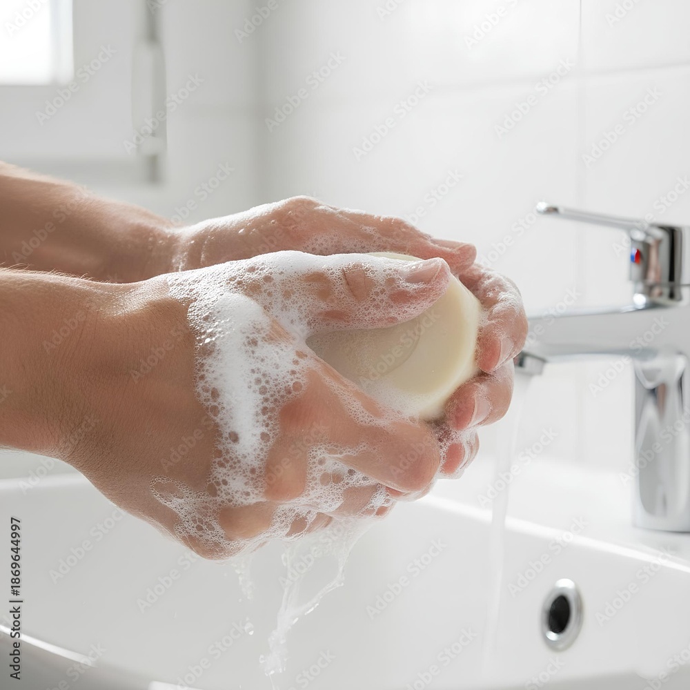 Fototapeta premium A person with OCD repeatedly uses soap to create enough lather to clean their perceived contamination.