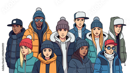 Diverse group of young men and women standing together, dressed in trendy winter jackets and warm beanies, showcasing urban cold-weather fashion.