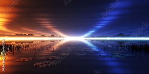 Ethereal twilight panorama with vibrant orange and blue light beams converging over still water