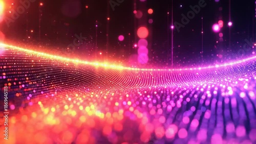 Wallpaper Mural Abstract digital wave of glowing particles forming a dynamic neon surface in magenta, purple and orange hues against a dark background, evoking technology, data flow and energy Torontodigital.ca