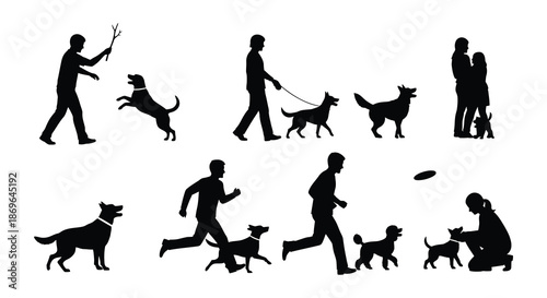 Silhouettes of people walking their dogs in various outdoor settings