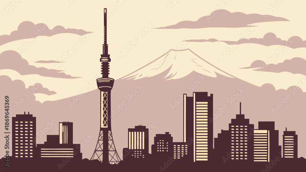 Obraz premium Tokyo skyline featuring iconic skytree mount fuji ideal for travel guides, city promotions, website banners, or social media.