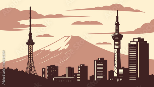 Tokyo skyline with towers and mount fuji in the background, suitable for travel brochures, websites, and social media posts.